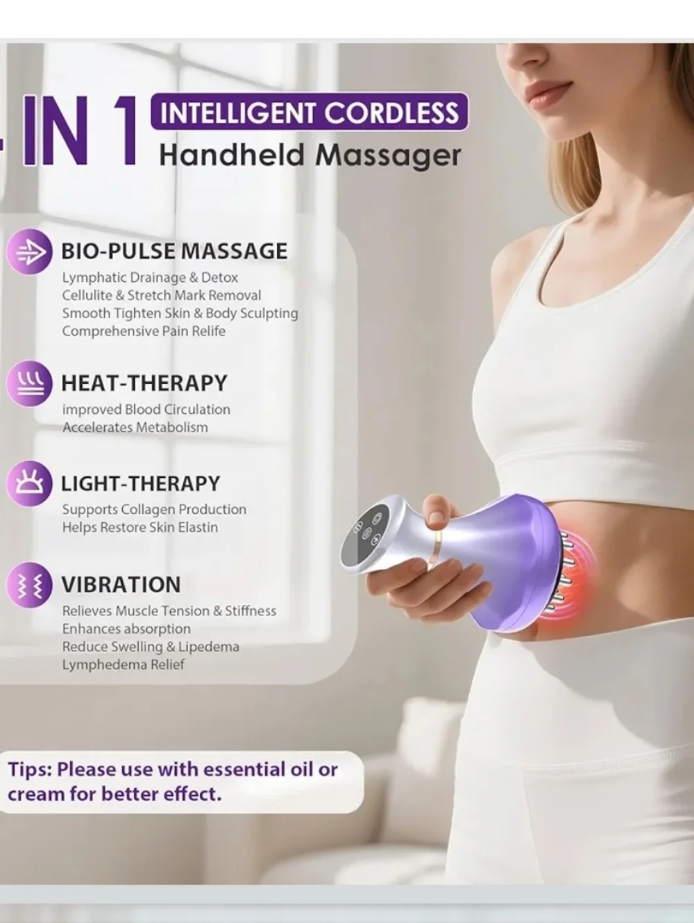 Purple Handheld 4-in-1 Body Massager. Lymphatic Drainage Body Sculpting